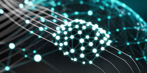 Poster - abstract image of glowing teal nodes connected by lines on a dark background, representing network c