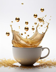 Poster - Golden liquid splashing from a cup with gold beads on a white background.