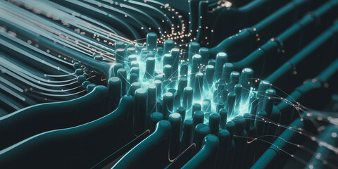 Poster - abstract teal network structure with glowing connections, showcasing technological innovation and co