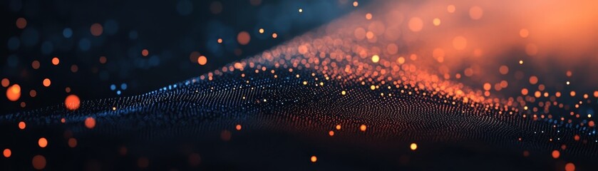 Fototapete - Abstract Network Background with Blue and Orange Glowing Data Points a Wavy Digital Landscape and Modern Geometric Design Creating a Futuristic and Dynamic Display