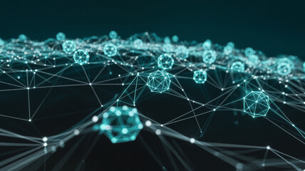 Poster - abstract image of teal geometric shapes connected by lines, creating a network effect, symbolizing c