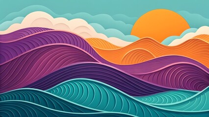 Aufkleber - Abstract landscape with colorful layered hills sun and clouds in a stylized paper cut design