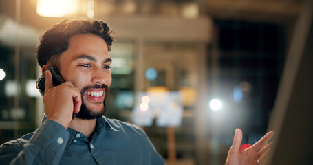 Poster - Phone call, computer and businessman in office at night for investment negotiation, finance or profit. Cellphone, professional and male trader on mobile discussion for client revenue growth feedback.