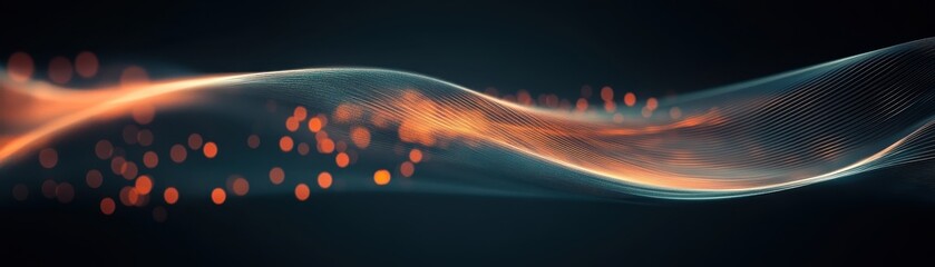 Fototapete - Abstract Wavy Particle Stream on Dark Background Featuring Flowing Orange and Blue Light with Dynamic Motion for Modern Futuristic Designs