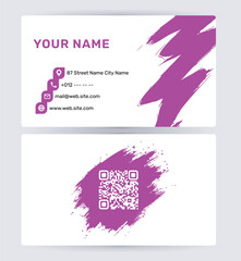 Creative business card with purple paint strokes and QR code for modern branding.