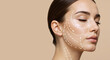 © NN AI - Side view of woman face with white lifting lines on beige background, facial contouring and aesthetic medicine concept with copy space
