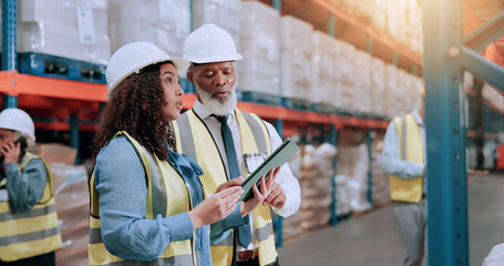 Aufkleber - Warehouse, logistics team and tablet for inventory, stock management or storage planning with mature supervisor. Shipping, engineer and people with technology for supply chain, distribution or cargo