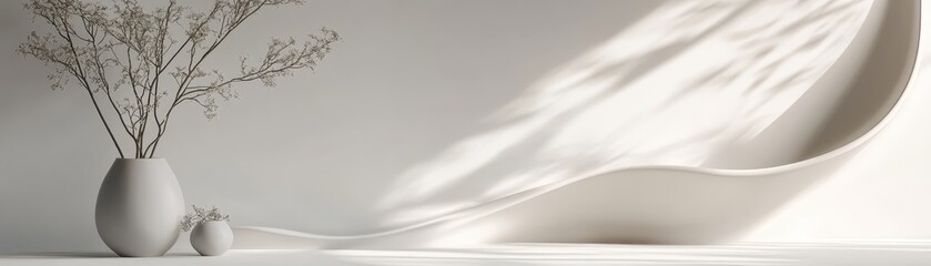 Aufkleber - Elegant Still Life with White Vases Branches and Shadow in Minimalist Neutral Monochrome Interior Design Featuring Clean and Modern Aesthetic on a White Surface with Light