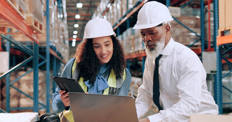 Poster - Distribution, people and teamwork in warehouse, laptop and online schedule for shipping. Employees, logistics and meeting with safety, stock or tablet for email, industry and checklist with inventory