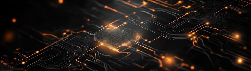 Leinwandbilder - High Tech Circuit Board Design with Glowing Orange Light Trails on Dark Background for Modern Technology Concepts