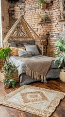 Poster - Serene bedroom featuring cozy bed surrounded by lush green plant adding natural vibes