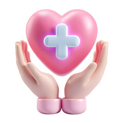 Aufkleber - A playful and inspiring 3D depicting two caring hands gently holding a glowing pink heart with a prominent white medical cross symbolizing healthcare wellness and support