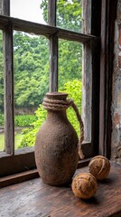 Aufkleber - Elegant vase and walnut placed on a window sill surrounded by natural light and serenity