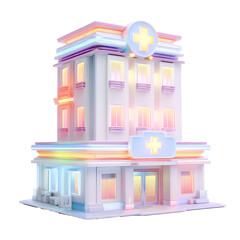 Poster - A visually striking 3D of a small hospital building with a glowing medical cross on the facade rendered in a soft pastel color palette and set against a clean white background