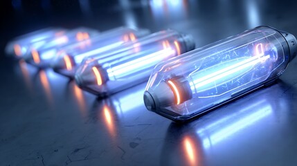 Fototapete - Glowing Blue and Orange Glass Tubes on Dark Reflective Surface