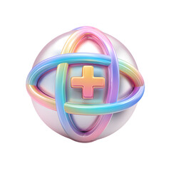 Poster - Vibrant 3D of a glossy pastel colored globe featuring a minimalist healthcare emblem with clean curved lines and a futuristic innovative design