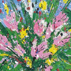 Poster - Colorful painting featuring dynamic paint splatter creating a burst of color and energy on canvas