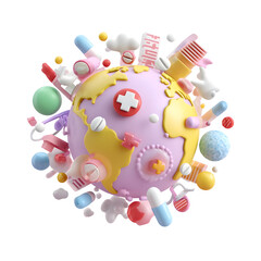 Poster - Playful pastel 3D depiction of worldwide medical support combining a stylized globe and various healthcare icons in a vibrant minimalist composition
