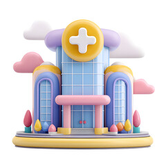 Poster - A bright and inviting 3D render of a stylized pastel colored healthcare clinic building with a cheerful toy like design and rounded architectural elements