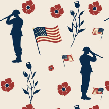 Patriotic Military Tribute with Saluting Soldiers, Flags, and Blooms