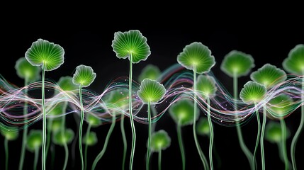 Poster - Glowing Green Plants with Colorful Wave Pattern on Dark Background