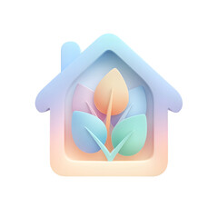 Poster - A minimalist 3D of a pastel colored home surrounded by vibrant leaves and foliage representing a sustainable eco friendly living space