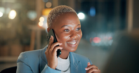 Poster - Black woman, computer and phone call in office at night for discussion, finance chat and schedule update. Person, mobile and communication of contact, financial feedback and funding offer of overtime