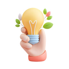 Poster - A soft 3D rendered pastel concept depicting a hand gently cradling a glowing eco friendly light bulb symbolizing clean energy and sustainable innovation