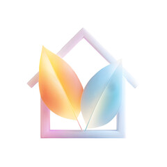 Poster - Vibrant bright pastel 3D of a minimalist house outline with soft glowing leaves overlapping the wall symbolizing eco friendly living