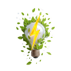 Aufkleber - Vibrant 3D of a glowing lightbulb with a lightning bolt growing from a bed of green leaves representing the concept of clean renewable energy and sustainability