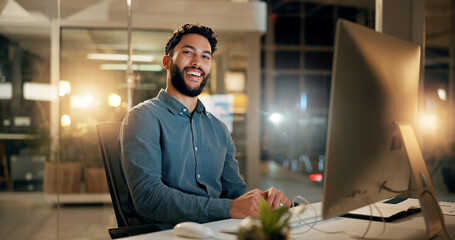 Poster - Business man, happy portrait and computer at night with smile for accounting, audit or tax review. Person, accountant or employee laugh for financial solution, evaluation report or compliance