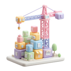 Poster - A soft cheerful 3D pastel model of a tower crane and colorful building blocks depicting a playful construction theme with a modern and minimalist aesthetic