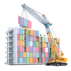 Aufkleber - Colorful 3D pastel style crane lifting a prefabricated wall panel next to a building under development on a clean white background