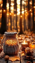 Poster - Cozy candlelit setting featuring a handcrafted knitted bag with warm tones and soft textures
