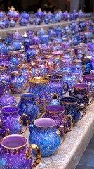 Poster - Elegant table set with an array of purple and blue glassware reflecting light in an artistic display