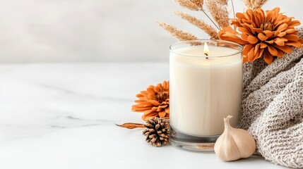 Poster - Soft candlelight flickering next to a cozy knit blanket creating a warm and inviting ambiance at home