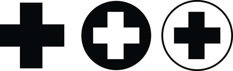 Poster - Plus sign icons set in flat styles. Add more symbols illustration. Addition vectors. Medical Plus silhouette for web site and mobile app design. Geometric elements isolated on transparent background.