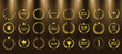 © Максим Славов - Golden laurel wreath symbolizes first place and achievement. Award badge design fits certificates and prize medals. Elegant leaf crown glows on black premium background. Vector set