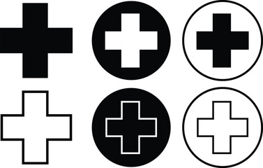 Poster - Plus sign icons set flat, outline styles. Add more symbols illustration. Addition vectors. Medical Plus silhouette for web site and mobile apps. Geometric elements isolated on transparent background.