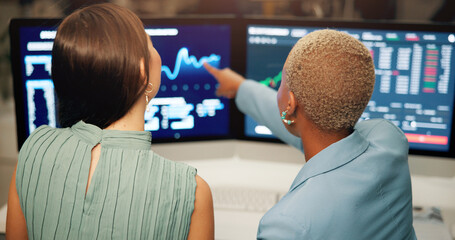 Aufkleber - Collaboration, computer screen and pointing with business people in office together for trading. Conversation, review or stock market with employee women at work for portfolio management from back