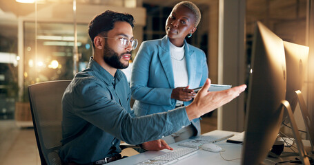 Leinwandbilder - Computer, night and question with business people in office together for development or planning. Late, feedback or review with employee man and woman in workplace for project management on tablet