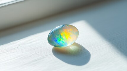 Poster - Colorful iridescent gemstone resting on a bright surface