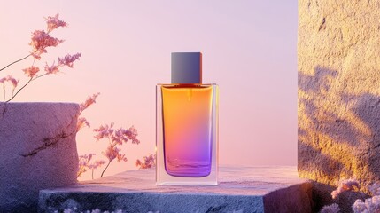Poster - Elegant Perfume Bottle on Stone Surface with Floral Background