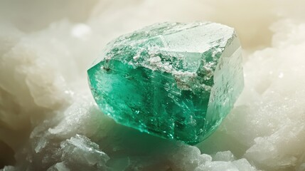 Poster - Shiny Green Crystal on Textured White Rock Surface in Soft Lighting