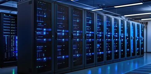 Aufkleber - Secure server racks in high tech environment with vibrant LED indicators, perfect for IT solutions, digital storage ads, and network infrastructure designs