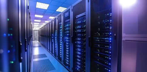 Poster - Technology server room aisle with LED-lit racks and ventilated flooring, best for IT infrastructure themes, data center content, and networking systems