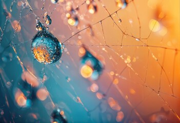 a macro shot captures a glistening spiderweb adorned with dew drops against a blurred orange and teal background, creating a mesmerizing display of light and texture.