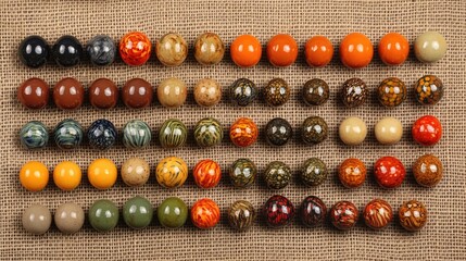 Poster - Colorful Decorative Marbles Arranged in Rows on Natural Fabric