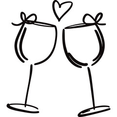 Poster - Cocktail glasses toast celebration with heart shape symbol above in doodle style drawing. Two cocktail glasses clinking together for celebration moment