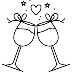Poster - Champagne glasses toasting with heart and stars celebration drawing illustration for anniversary. Two champagne glasses with bows toasting for celebration